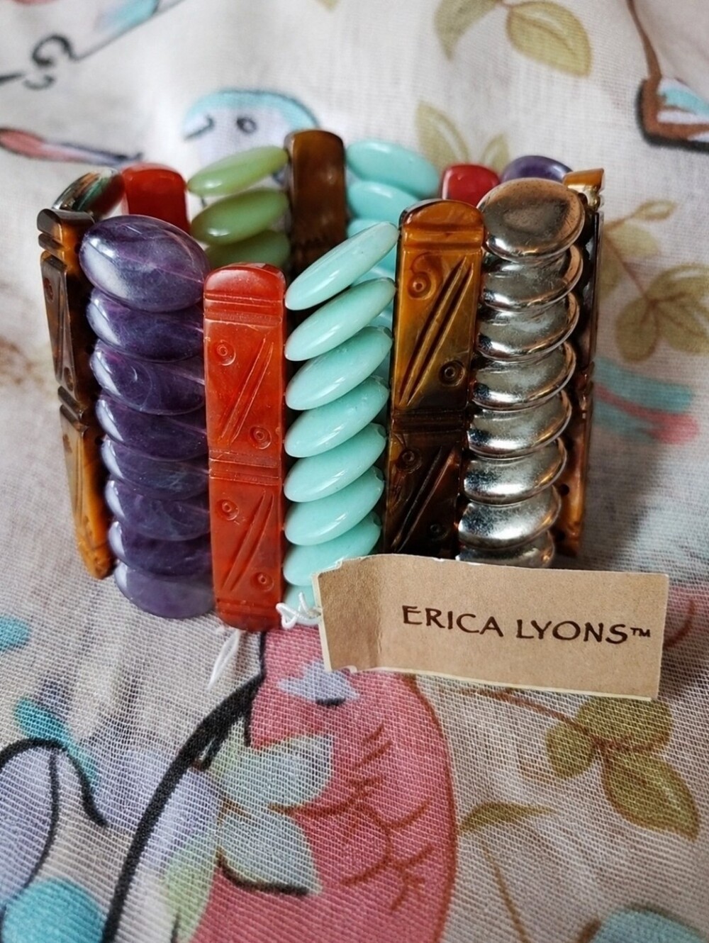Erica Lyons Carved Plastic Blue Purple Silver Marbled Brown Stretch Bracelet NWT